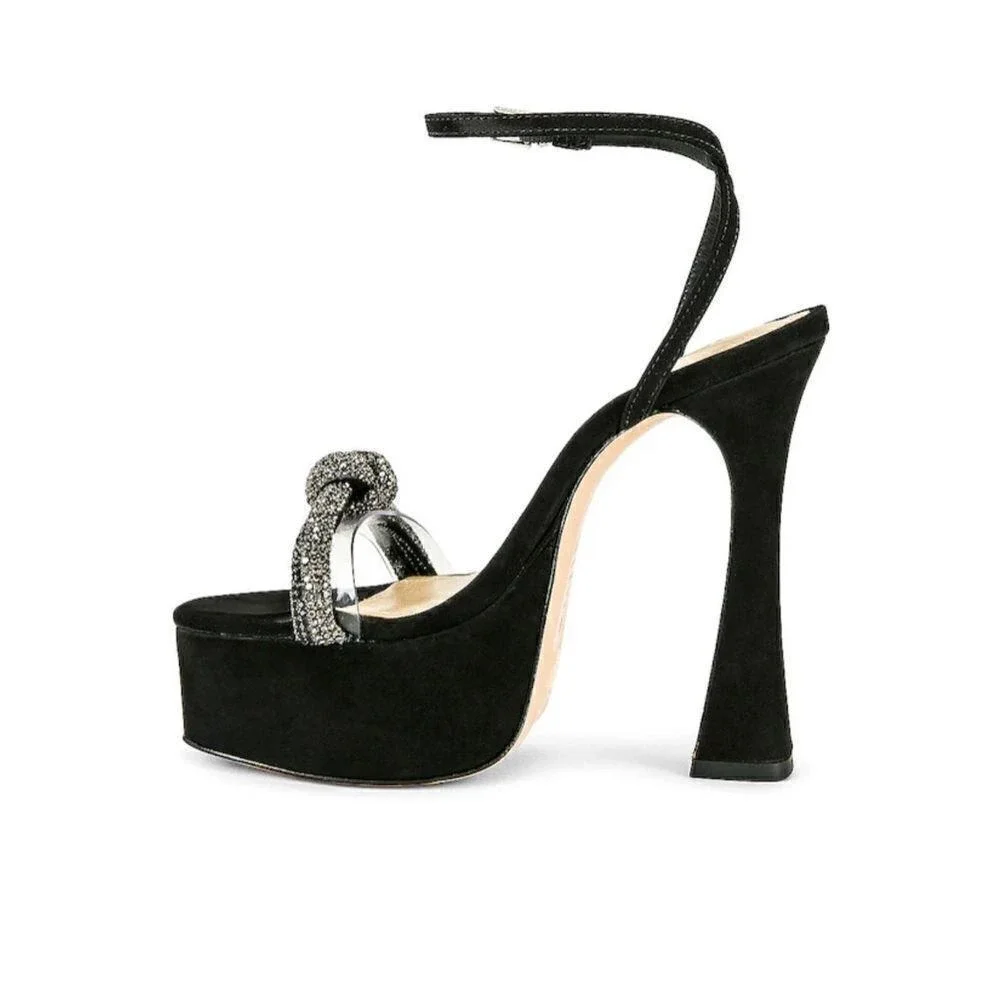 Schutz Peaky Black Suede Rhinestone Transparent Platform Sandal Heels Womens 7.5